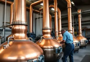 Craftsmen at Vendome Copper & Brass Works creating copper stills for whiskey production
