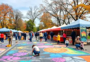Artists creating colorful artworks on pavement at the Via Colori Street Painting Festival in Louisville.