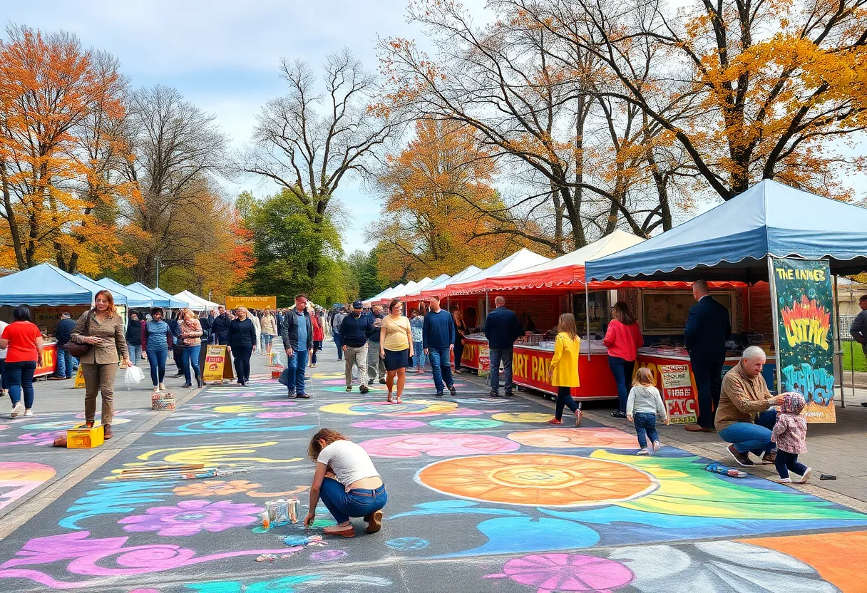 Artists creating colorful artworks on pavement at the Via Colori Street Painting Festival in Louisville.