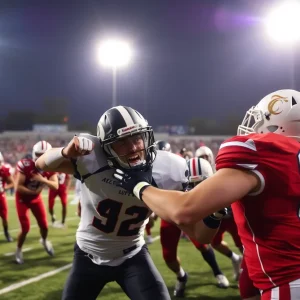 Photo of a college football game between Virginia Cavaliers and Louisville Cardinals with players in action.