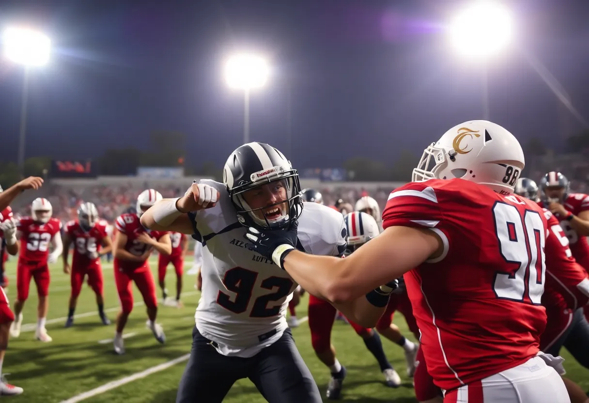Photo of a college football game between Virginia Cavaliers and Louisville Cardinals with players in action.