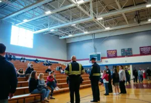 Emergency response team attending to students after bleacher collapse at Waggener High School