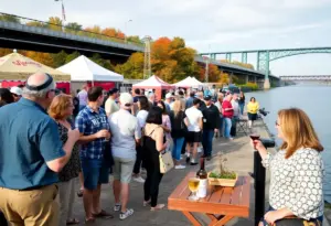 People enjoying wine tastings along the Ohio River during Wine on the River festival.