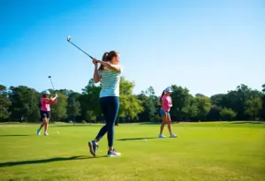 Young female golfers practicing on a sunny golf course