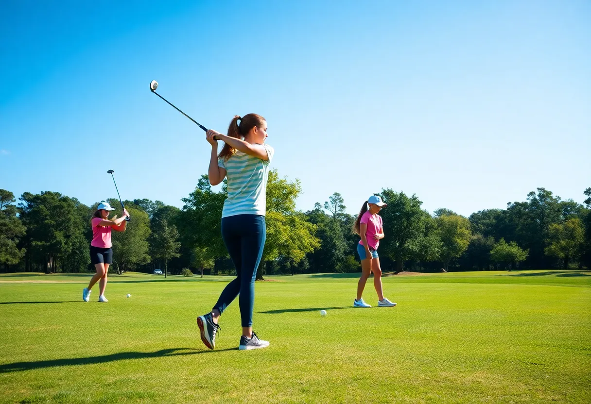 Young female golfers practicing on a sunny golf course