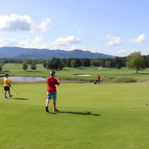 A group of young golfers training on a golf course.
