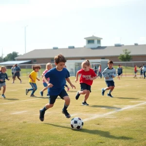 Children participating in a youth football game in Louisville, highlighting community spirit.