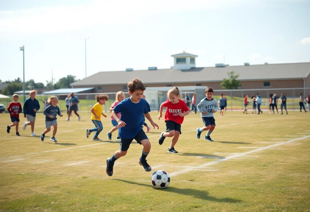 Children participating in a youth football game in Louisville, highlighting community spirit.
