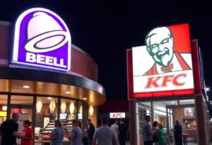Customers dining at a Taco Bell and KFC location in Louisville