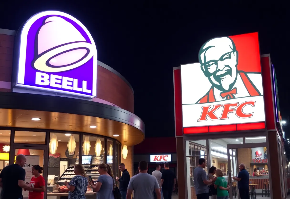 Customers dining at a Taco Bell and KFC location in Louisville