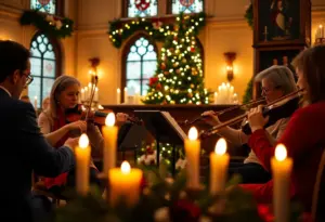 String quartet performing Christmas carols by candlelight