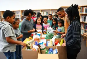 Community members participating in a food giveaway at Shawnee Public Library in Louisville.