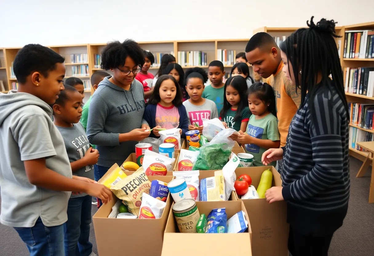 Community members participating in a food giveaway at Shawnee Public Library in Louisville.