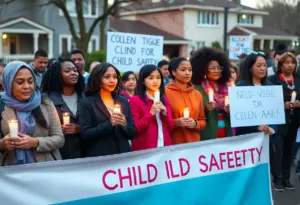 People gathering for a vigil focused on child safety in a neighborhood.