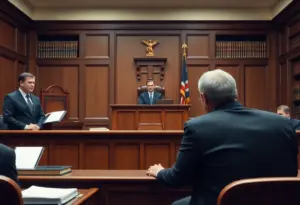 A courtroom with legal proceedings taking place.