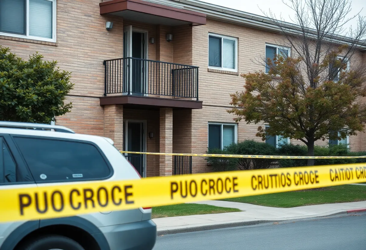 Police officers outside an apartment complex with caution tape