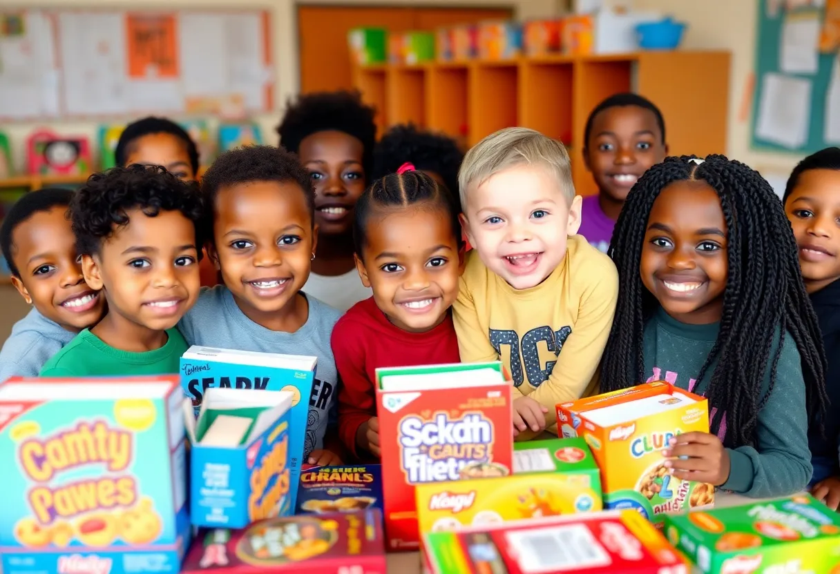 Students collecting donations for a food drive at Field Elementary School.