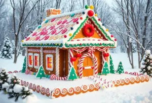 700-pound gingerbread house at French Lick Resort decorated with holiday themes.