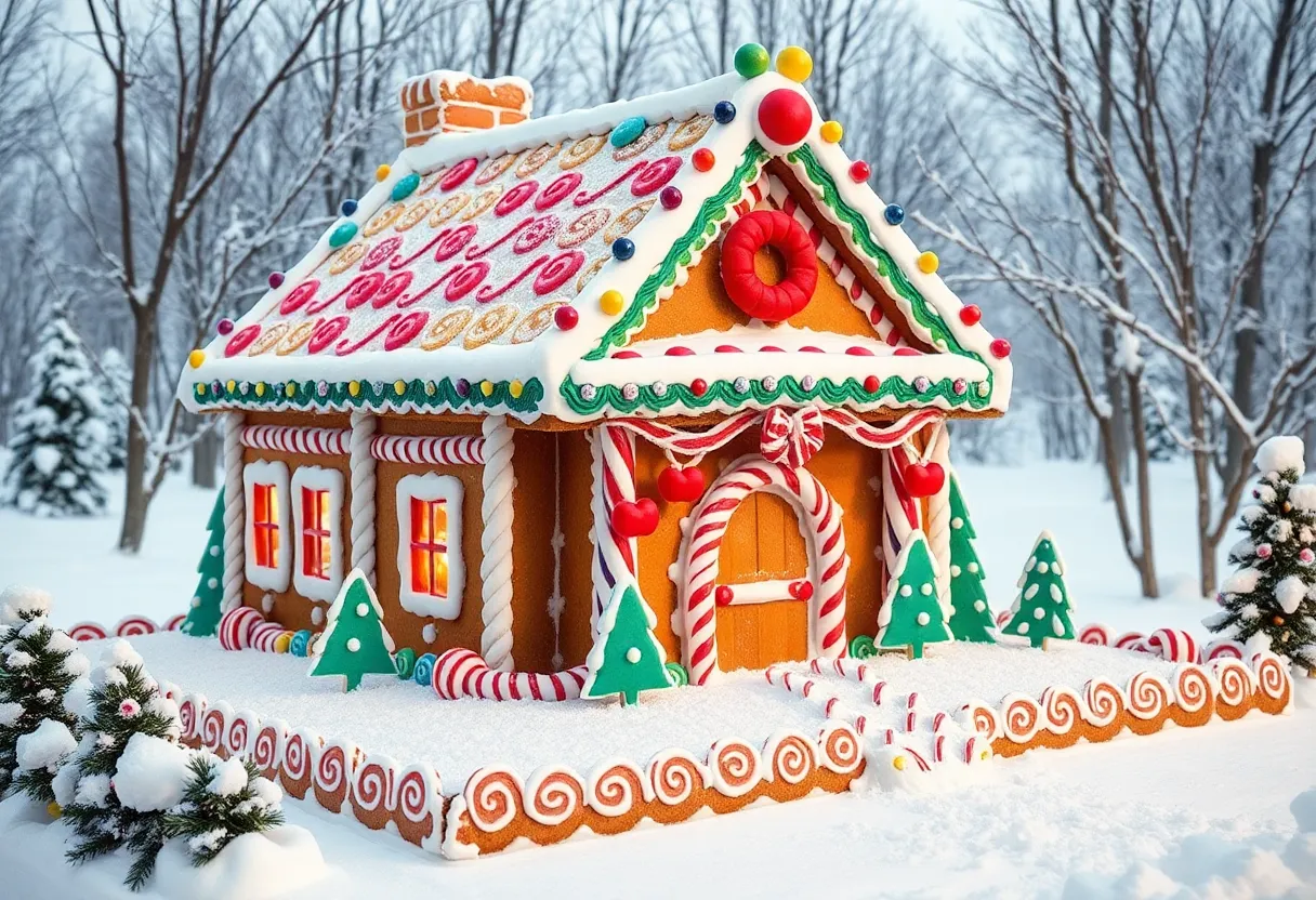 700-pound gingerbread house at French Lick Resort decorated with holiday themes.