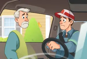 Illustration of homeowner cautioning against garage door scams