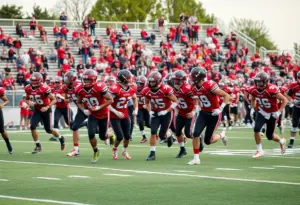 High school football players in action during a semifinal game