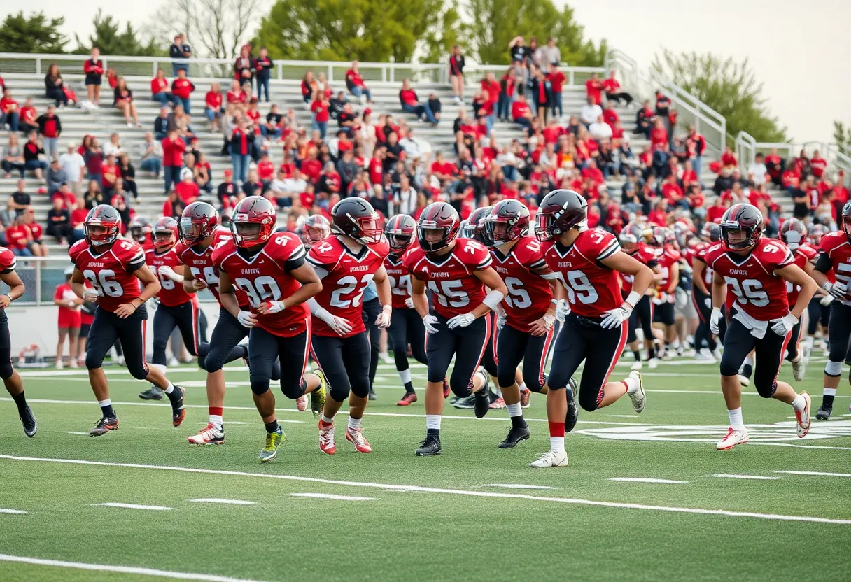 High school football players in action during a semifinal game