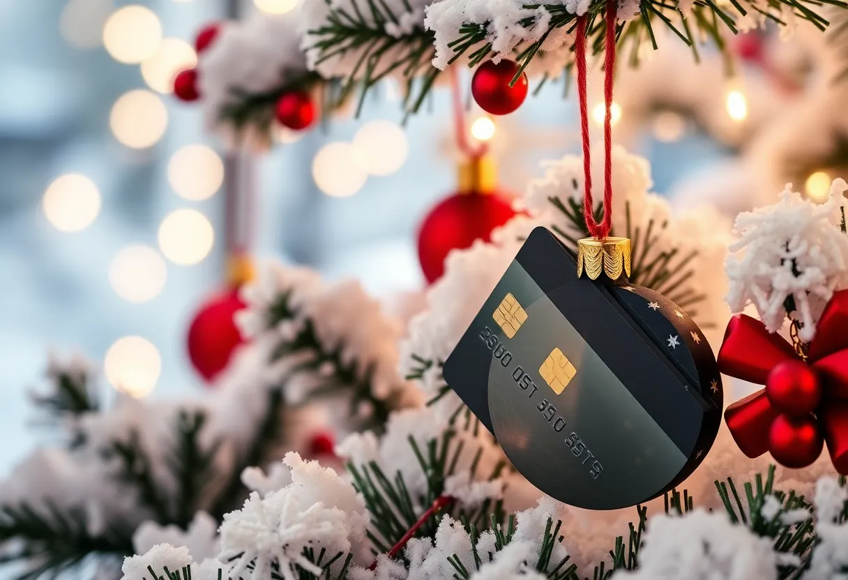 A winter holiday scene with decorations and credit cards to represent holiday spending.