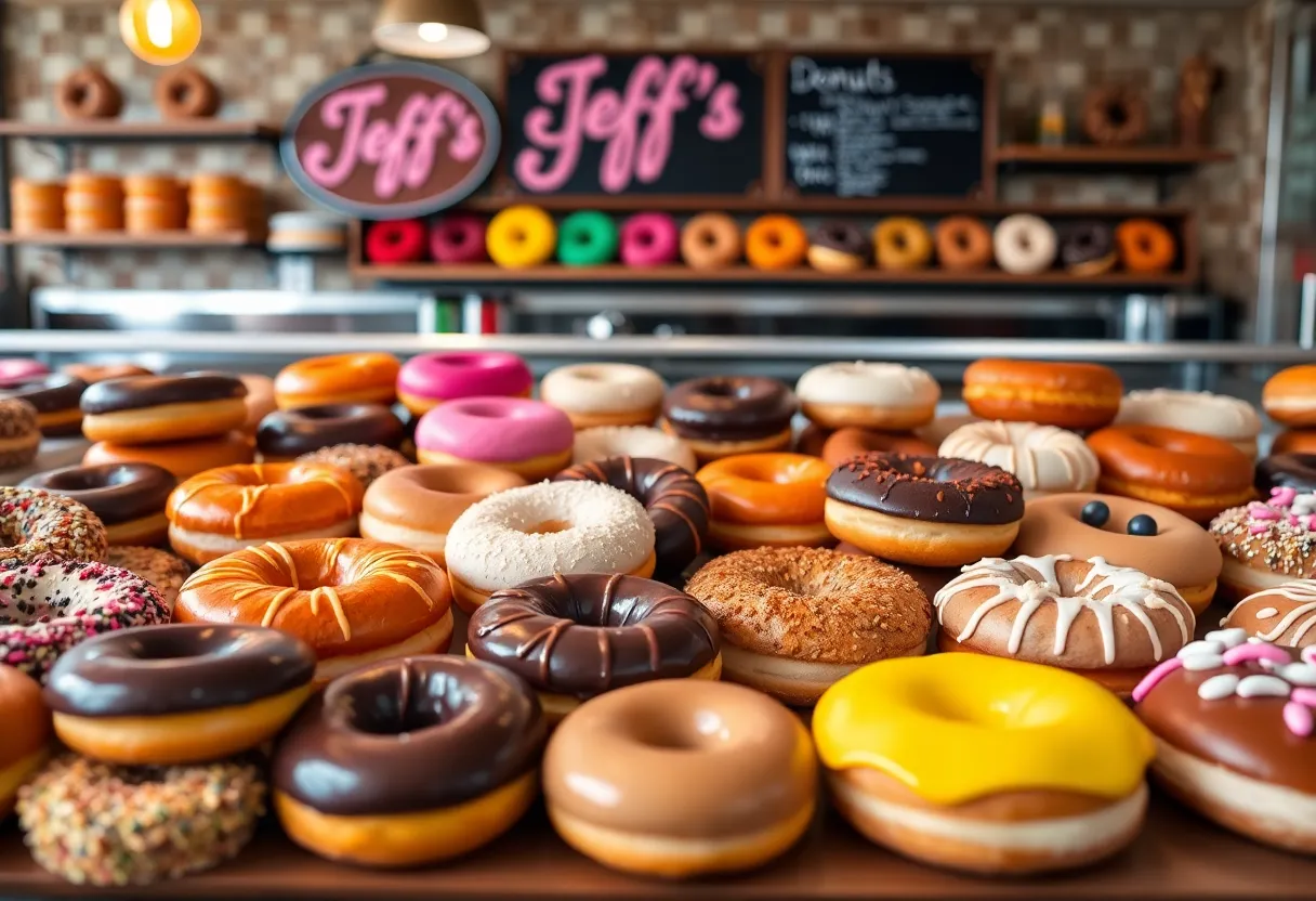 Assorted donuts from Jeff's Donuts in a bakery display