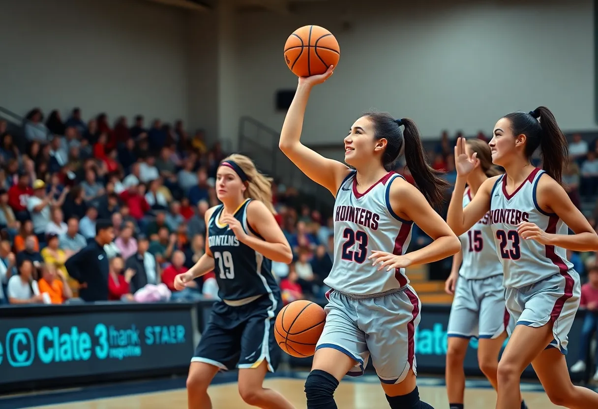 Team of women basketball players competing in a game