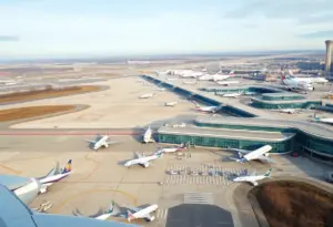 Aerial view of Louisville Airport with holiday travel crowds
