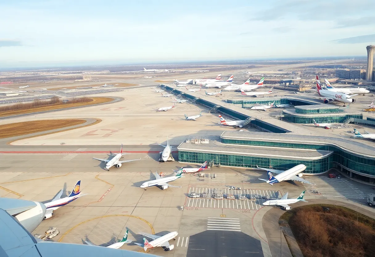 Aerial view of Louisville Airport with holiday travel crowds