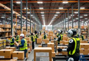 Workers and robots inside Amazon's fulfillment center in Louisville during peak holiday operations