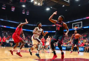 Louisville Cardinals players celebrating a victory in a basketball game