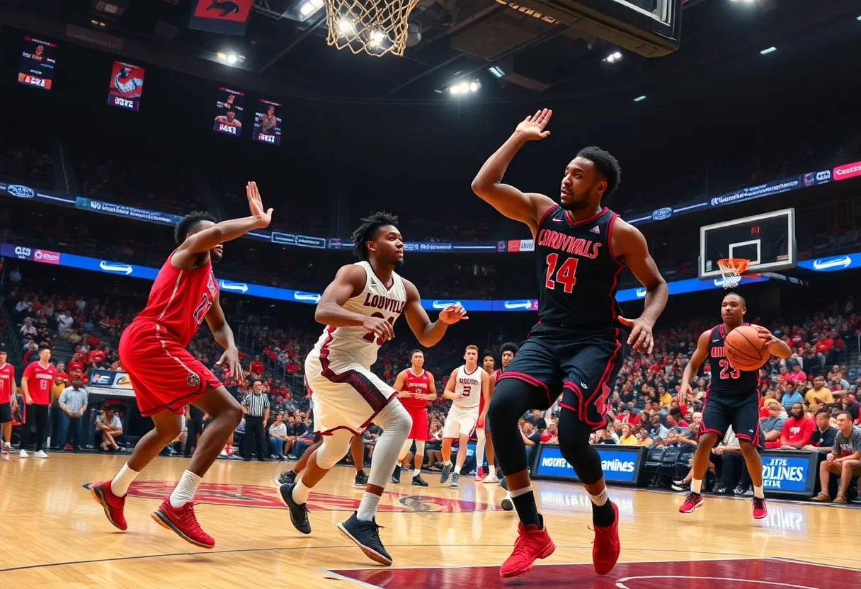 Louisville Cardinals players celebrating a victory in a basketball game