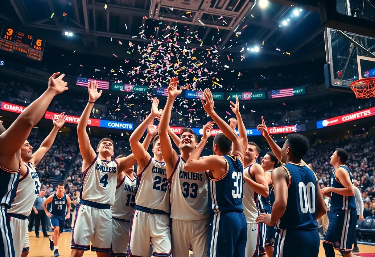 Louisville Cardinals team celebrating after a dominating victory against NJIT