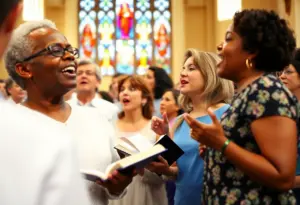Church choir performing during a worship service with stained-glass windows.