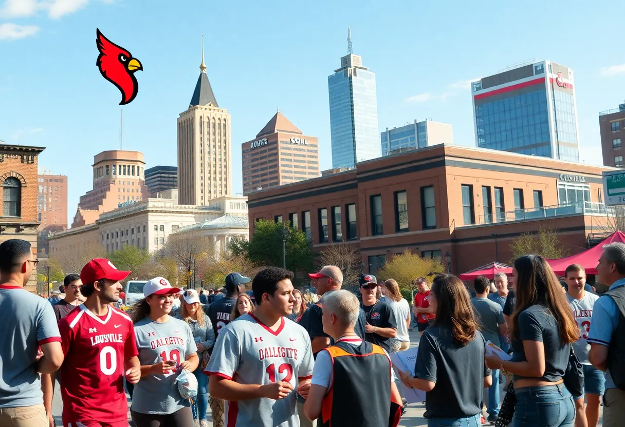 College sports teams competing with Louisville skyline in the background