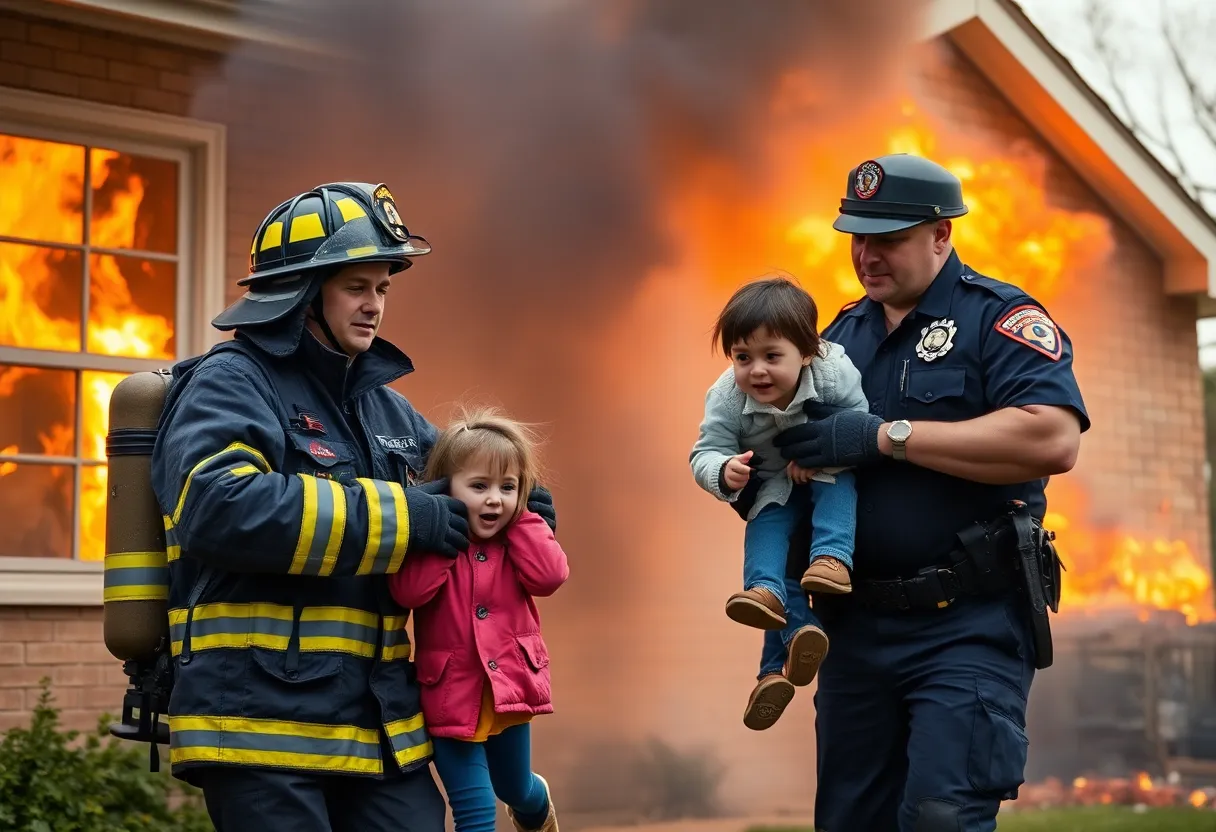 Officers rescuing boys from a house fire