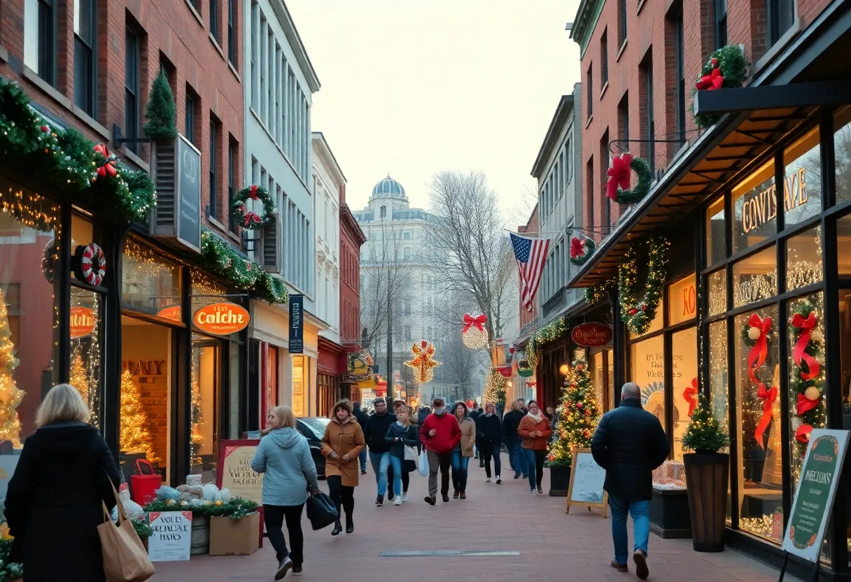 Local shops in Louisville decorated for the holidays with shoppers browsing.