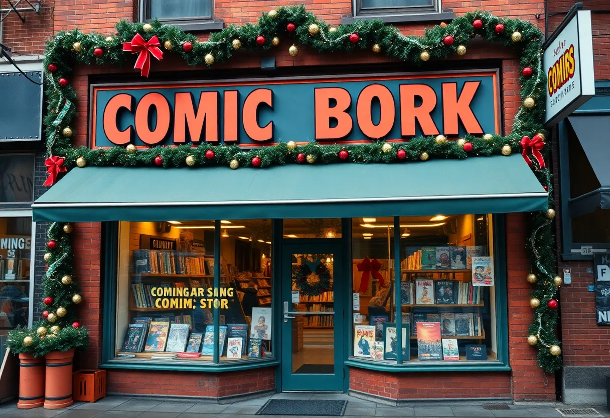 A holiday decorated comic book shop in Louisville representing small business resilience
