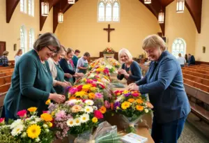 Volunteers at Crescent Hill Baptist Church making floral arrangements
