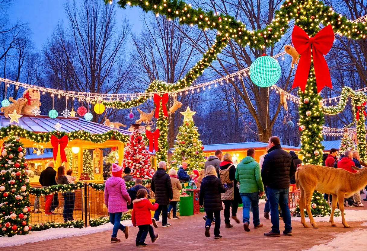 Families enjoying holiday celebrations at the Louisville Zoo with festive decorations