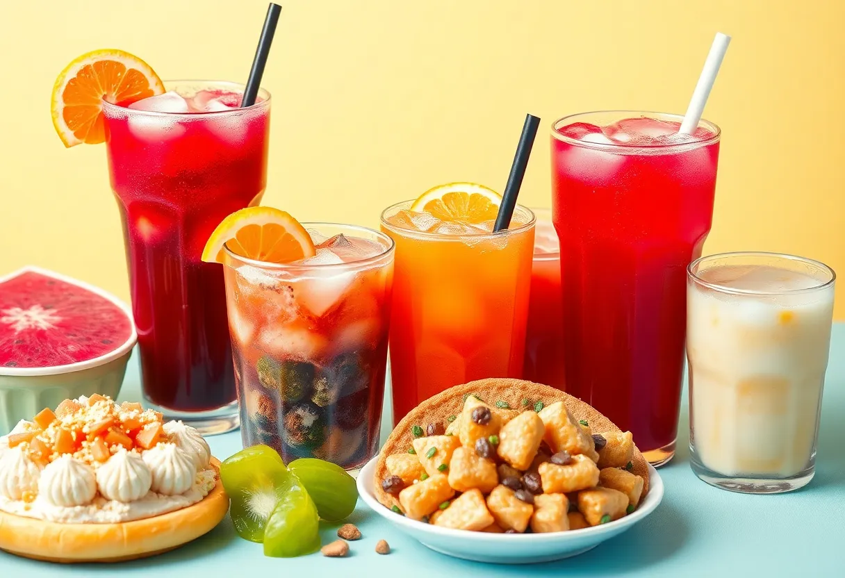 An artistic representation of various beverages and food items illustrating Louisville's flavor trends.