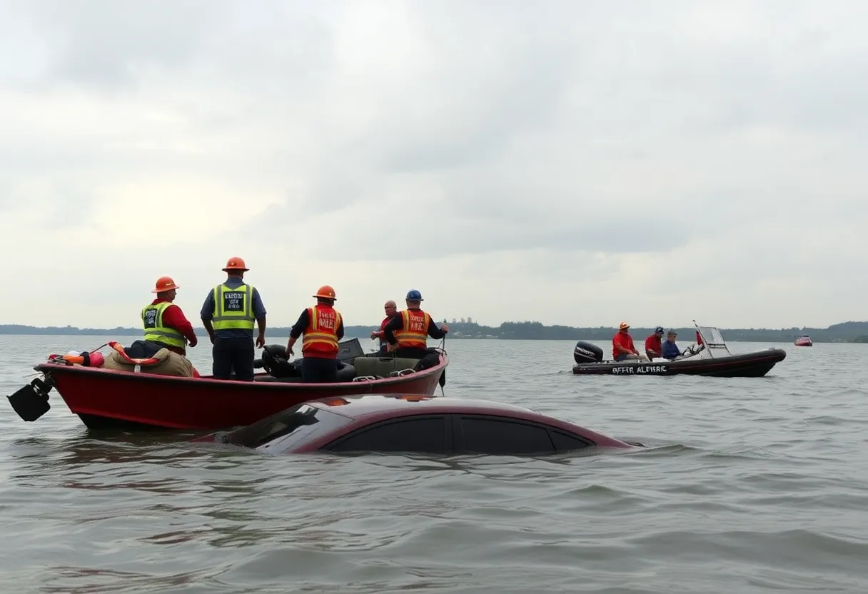 Emergency teams conducting a search in the Ohio River for a missing driver.
