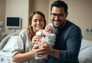 Family with newborn in cap and gown celebrating NICU discharge.