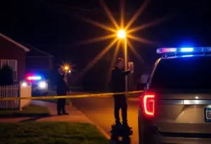 Police lights flashing in a neighborhood setting during a night investigation.