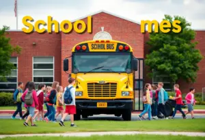 Students in front of a school bus with a Louisville school in the backdrop