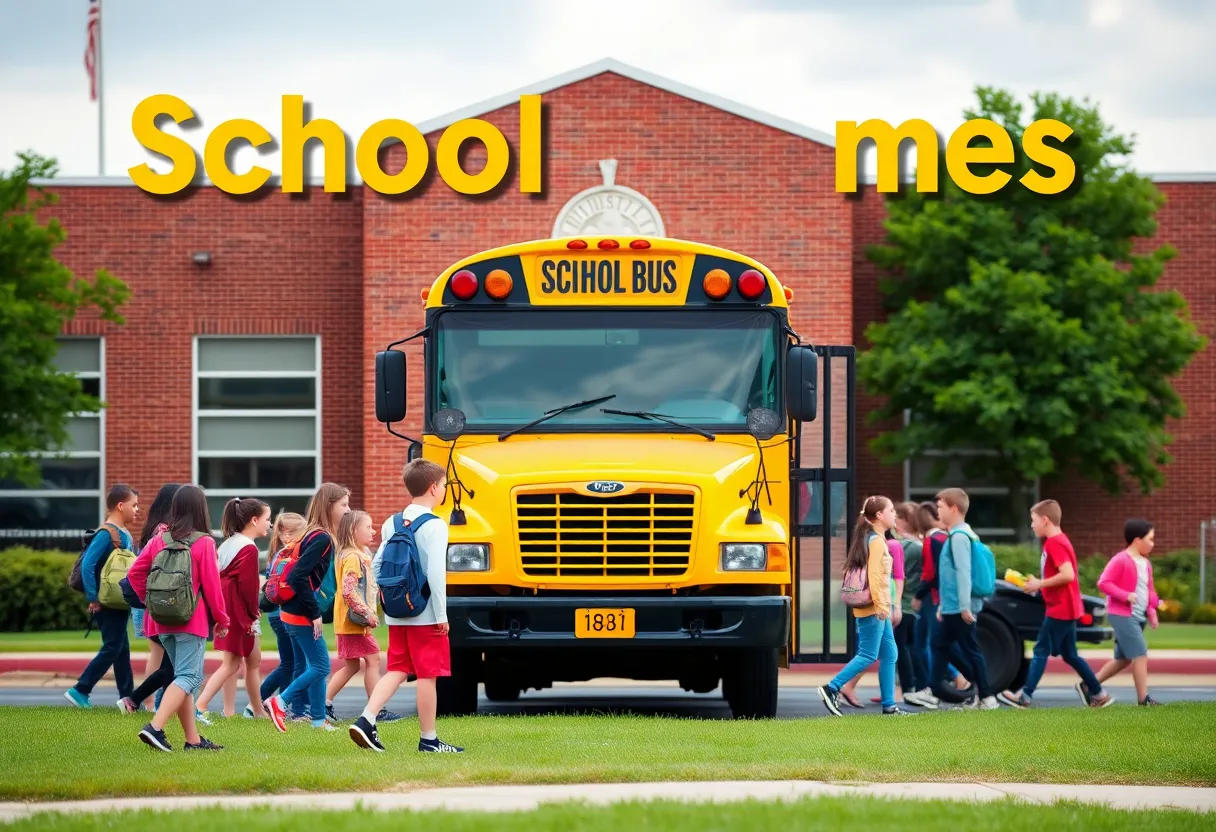 Students in front of a school bus with a Louisville school in the backdrop