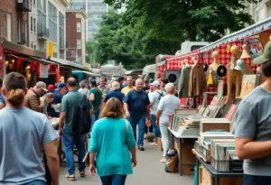 A lively flea market scene in Smoketown with vendors and shoppers.