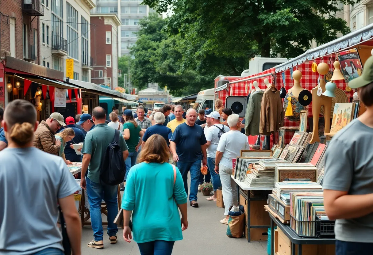 A lively flea market scene in Smoketown with vendors and shoppers.